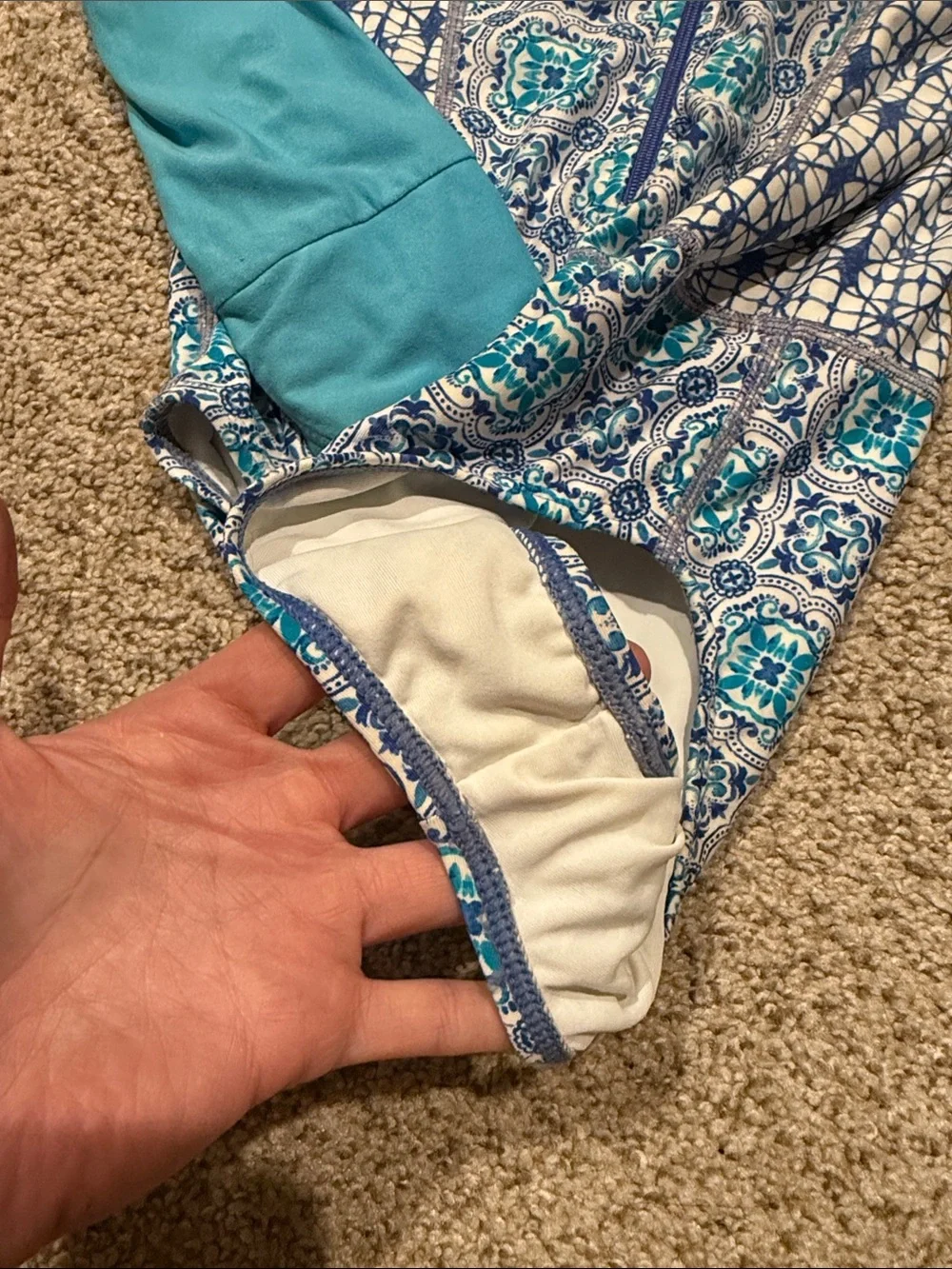 Coolibar Teal and Blue Patterned Long Sleeve Rashguard Swimsuit